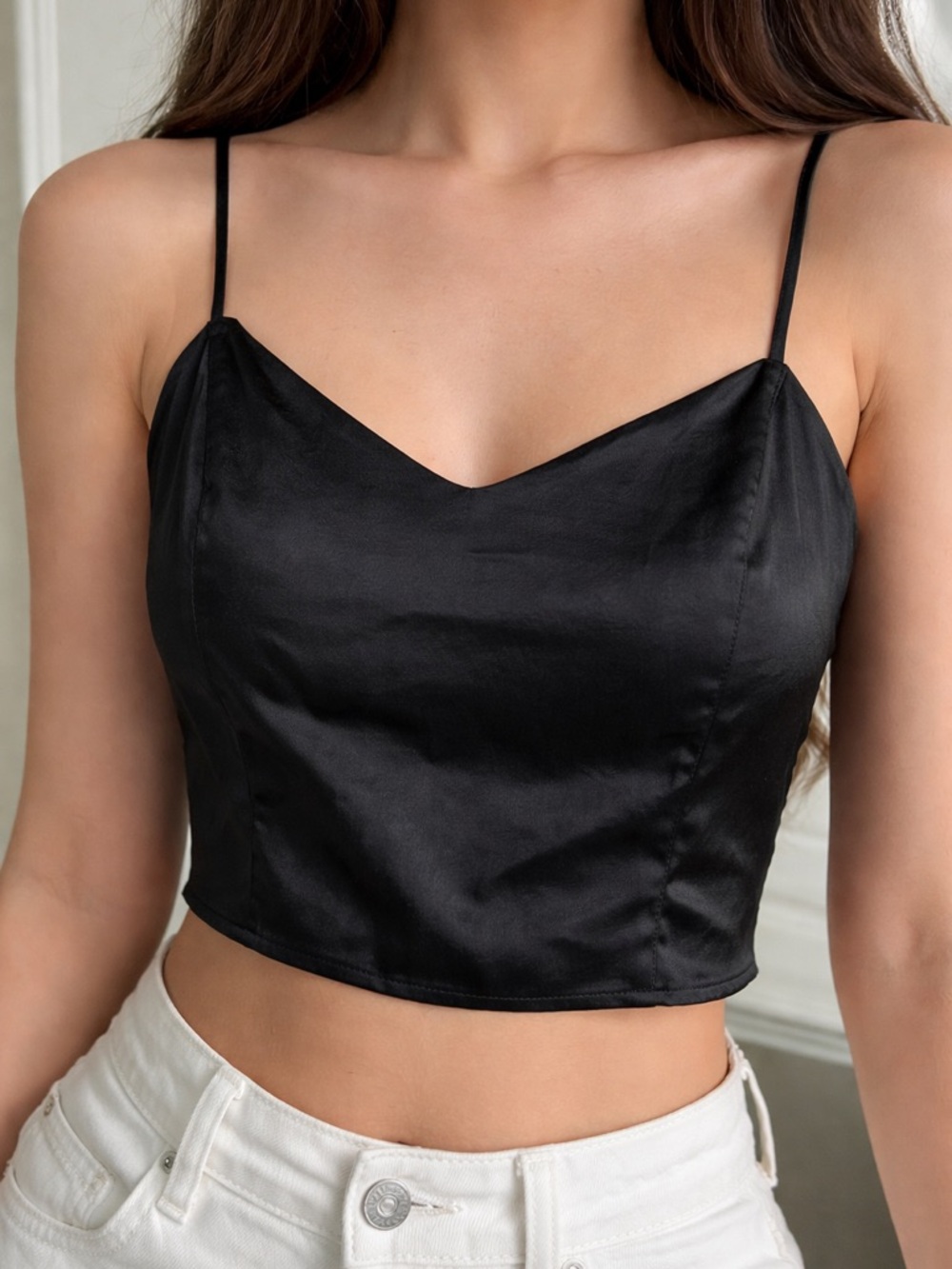 House of Harlow 1960 Black Satin Crop Cami Top – Size Large